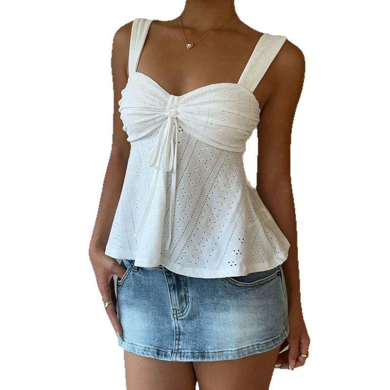 Summer Knitted Fabric Drawstring Wide Shoulder Strap Vest Top Women's Top Trendy White Eyelet Embroidery Camisole Top