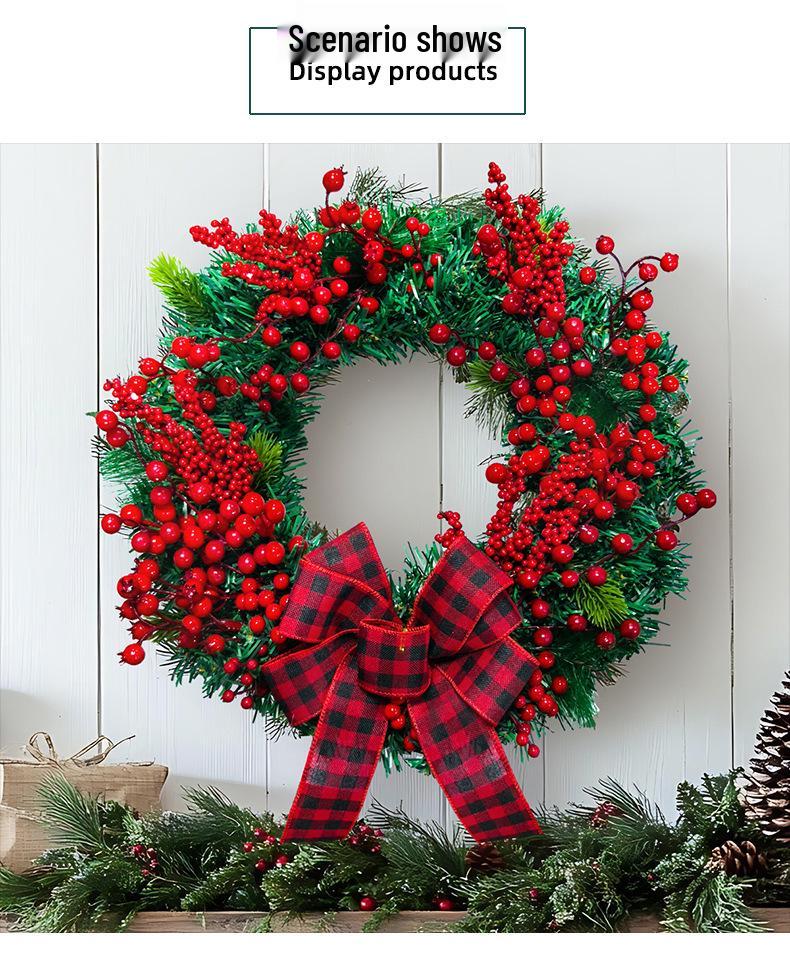 Přeshraniční vánoční červeno-černý kostkovaný věnec s mašlí a bobulovou révou, dekorace na dveře