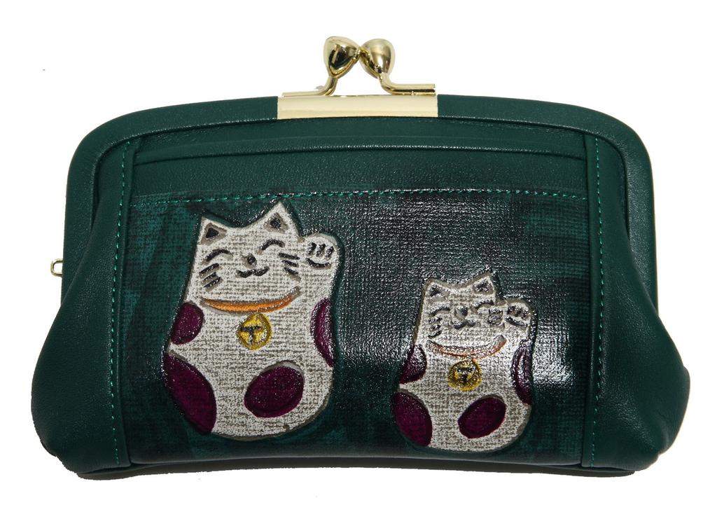 Hasegawa Cowhide Leather Clasp Made in Green Maneki-neko Yodogawa-dyed Archaic-dyed Wallet, Japan,