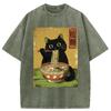Vintage Japansk Katt Tryckt Rolig Tvättad T-shirt Semester Sommar 100% Bomull Toppar Vardaglig Lös Passform Chic Tunikor