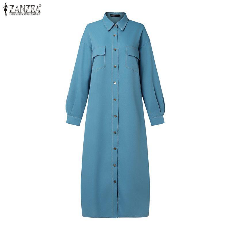ZANZEA Women Casual Turn Down Collar Loose Long Sleeve Shirt Dress