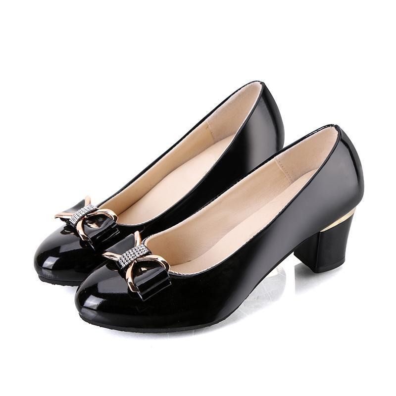 Fashion Single Shoes Autumn New Round Toe Shallow Mouth Metal Buckle Bow Slip-on Non-Slip High Heels
