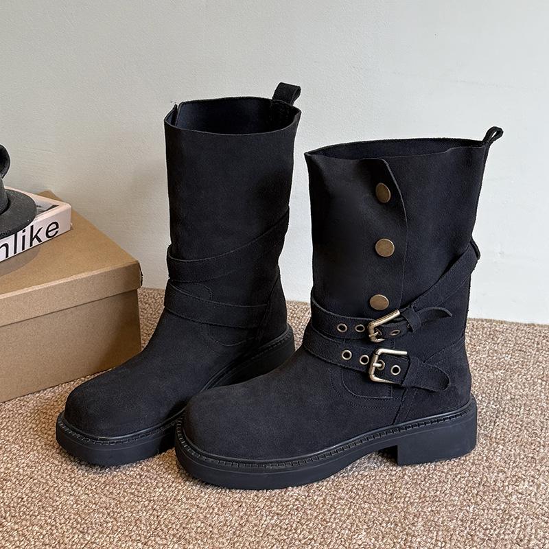 

British retro suede medium boots children thick heel thick sole belt buckle cowboy boots lapel two wear spring and autumn short boots 35 чёрный