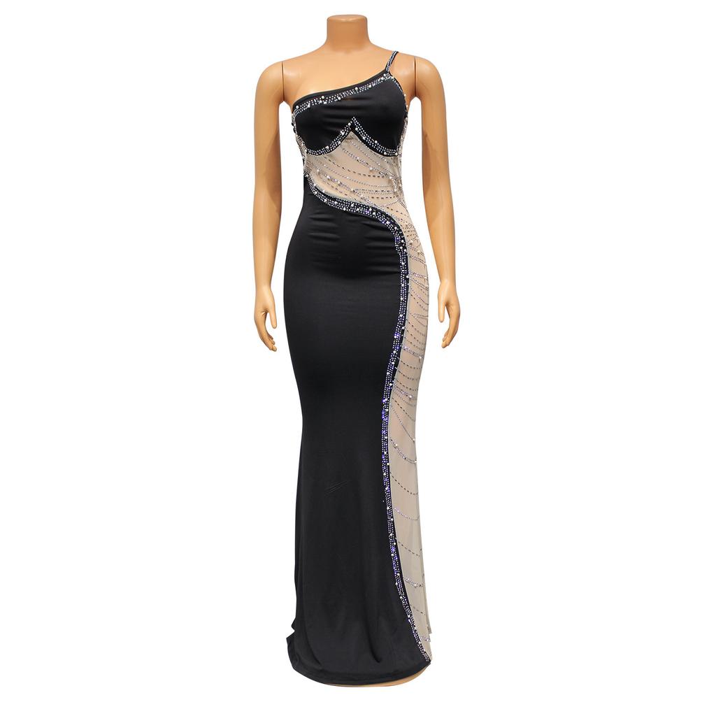 Women Sexy Chic Shiny Rhinestone Long Dress Elegant Back Slim Dresses Fashion Party Club Evening