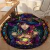 Wizard Theme Round Rug, Purple Hat Magician with Crystal Ball Design, Colorful Gem Border Magic Carpet for Home Decor