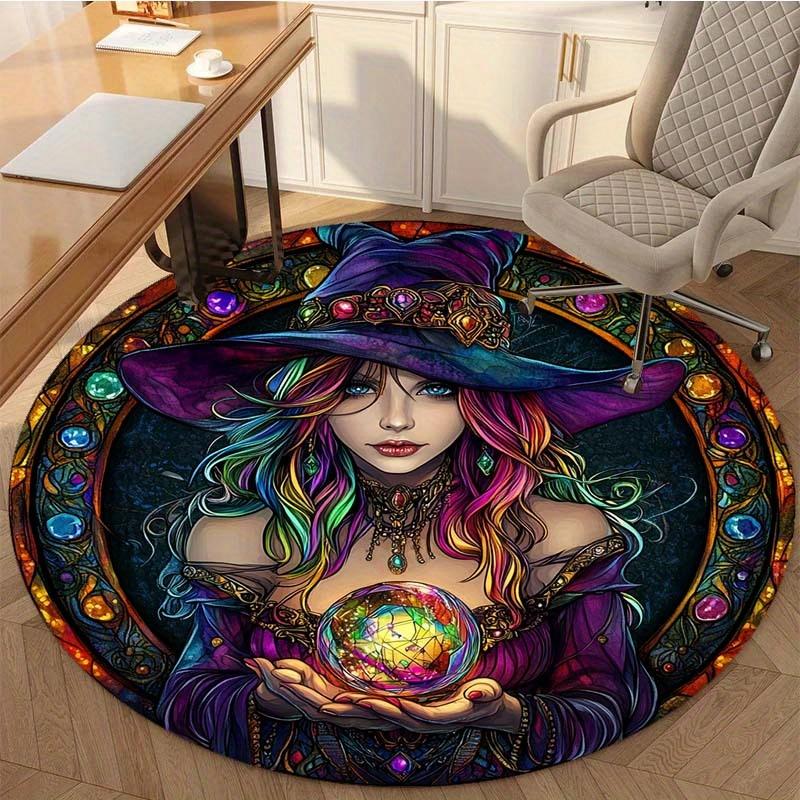 Wizard Theme Round Rug, Purple Hat Magician with Crystal Ball Design, Colorful Gem Border Magic Carpet for Home Decor