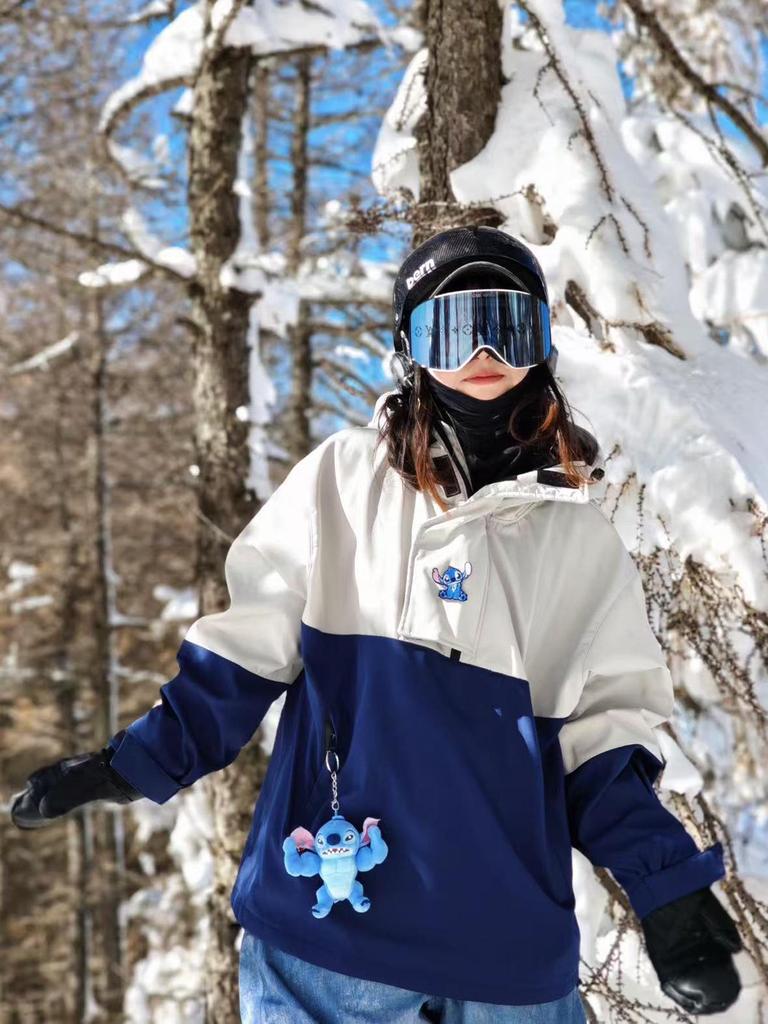 Ice Degree Unisex Color Block Wasserdichte Skijacke mit Kapuze und Plüschfutter für Outdoor Single/Double Boarding