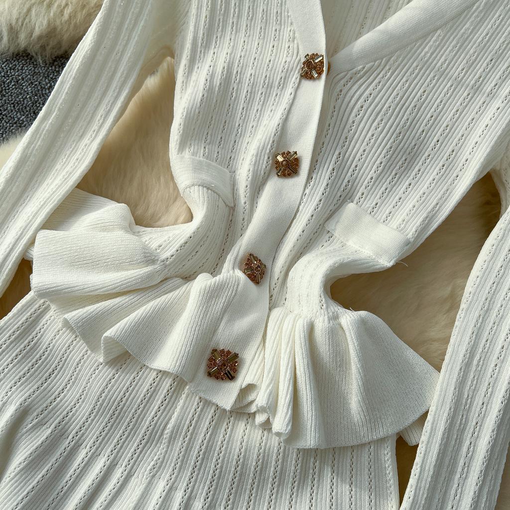 Elegant Ruffle Knit Sweater Vintage Chic V-neck Breasted Long Sleeves Slim Dresses French Office Lady High Street Autumn Winter Clothing