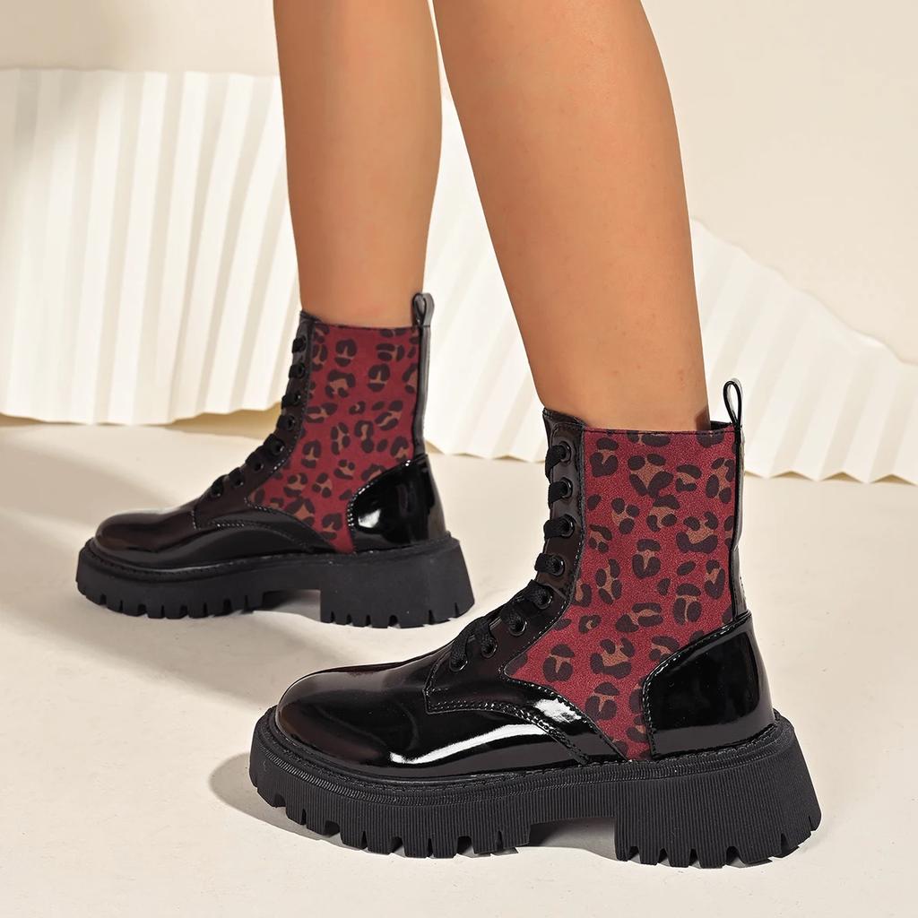 Fashion Women Boots High Quality Cross-tied British Style Boots Women Fashion Leopard Print Casual Shoes Women Round Toe Mid-Calf Boots