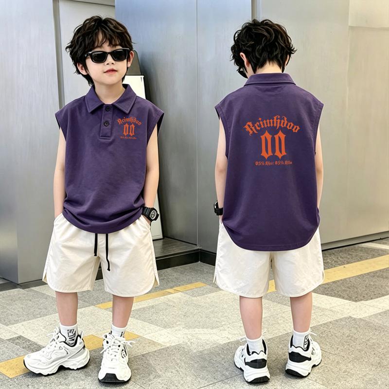 New Summer Collection: Boys' Korean Style Loose Polo Vest Set - Cool & Handsome Lapel Sleeveless Top for Medium and Large Kids