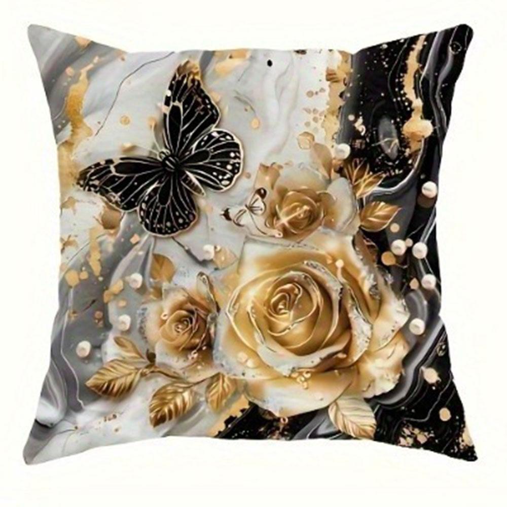 Schwarz und Gold Rose Schmetterling Luxus Kissenbezug Schlafzimmer Wohnzimmer Sofa Heimdekor Polyester Kissenbezug mit Reißverschluss