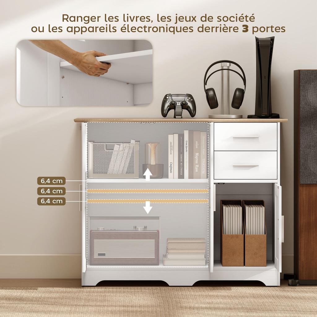 Buffet Sideboard Storage Cabinet With 2 Drawers 3 Doors And Adjustable Shelf 100 X 40 X 78 Cm White And Natural Wood