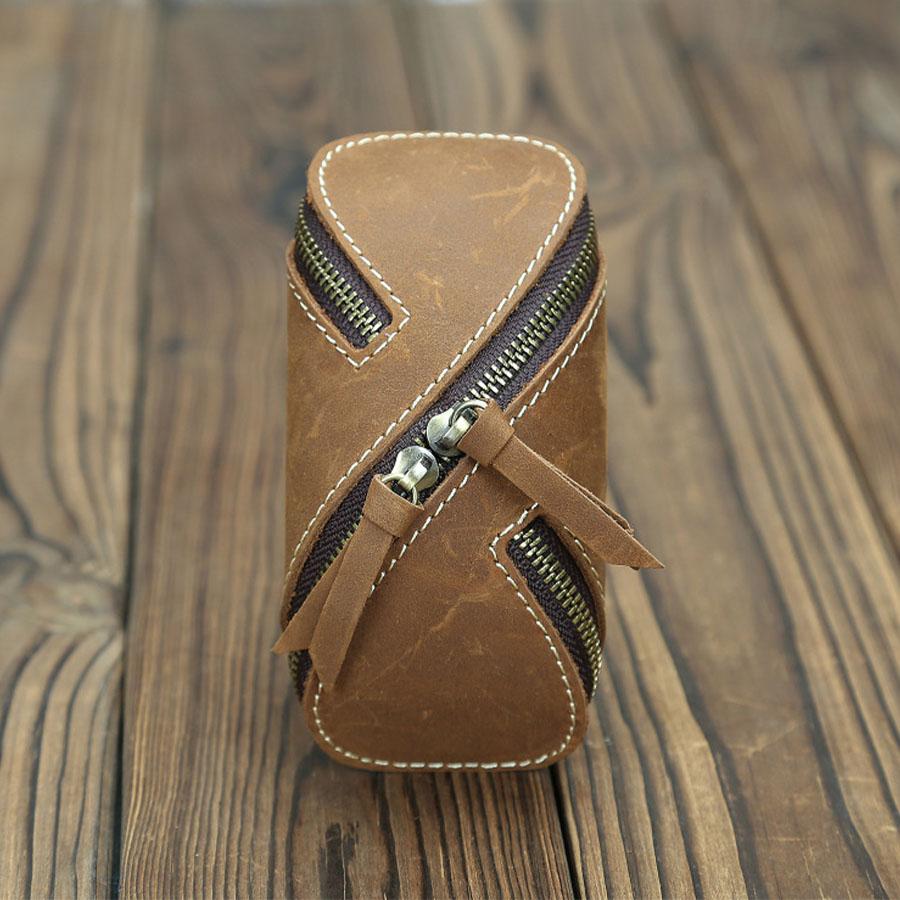 

Creative Vintage Leather Key Wallet, Zipper Key Card Holder, Unisex Genuine Leather Key Case for Home & Car Use коричневый