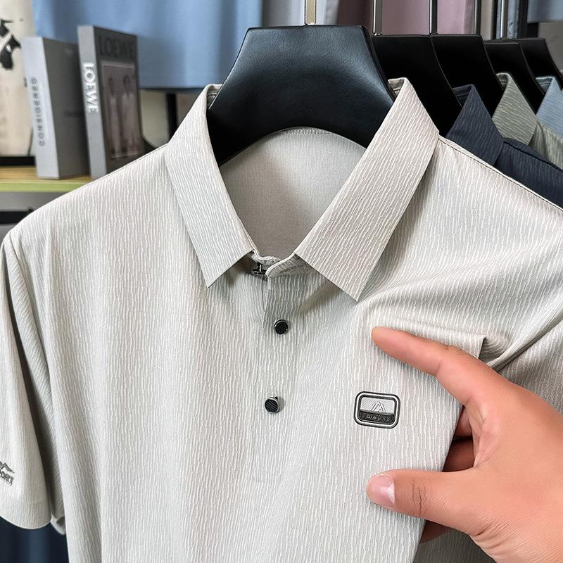 Bark Pattern Jacquard Mulberry Silk Seamless Men'S Short-Sleeved T-Shirt Summer Lapel Polo Shirt Half-Sleeved Ice Silk Casual