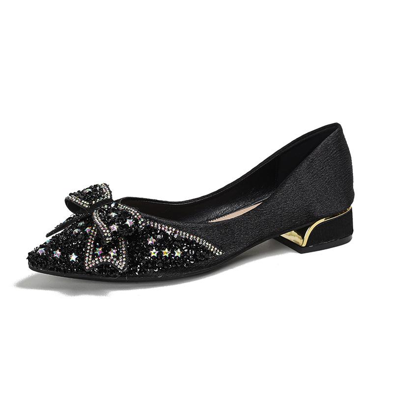 Coarse Heel Single Shoes Women's New Bow Rhinestone High Heels Pointed Head Shallow Mouth Large Size -