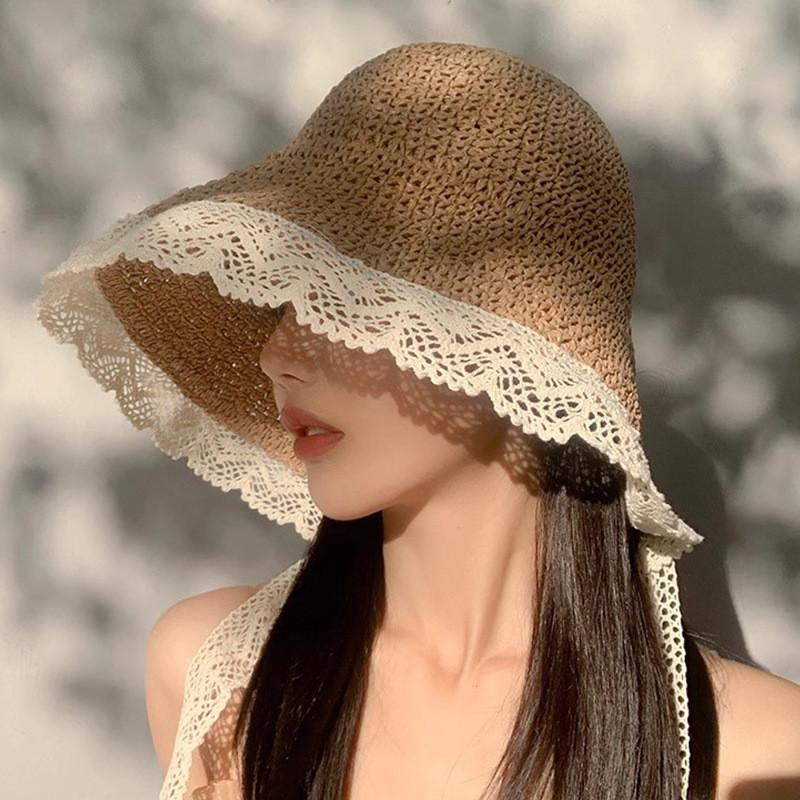 French Lace Trim Sun Hat For Women Summer Foldable Wide Brim Sun Protection Fashion Casual