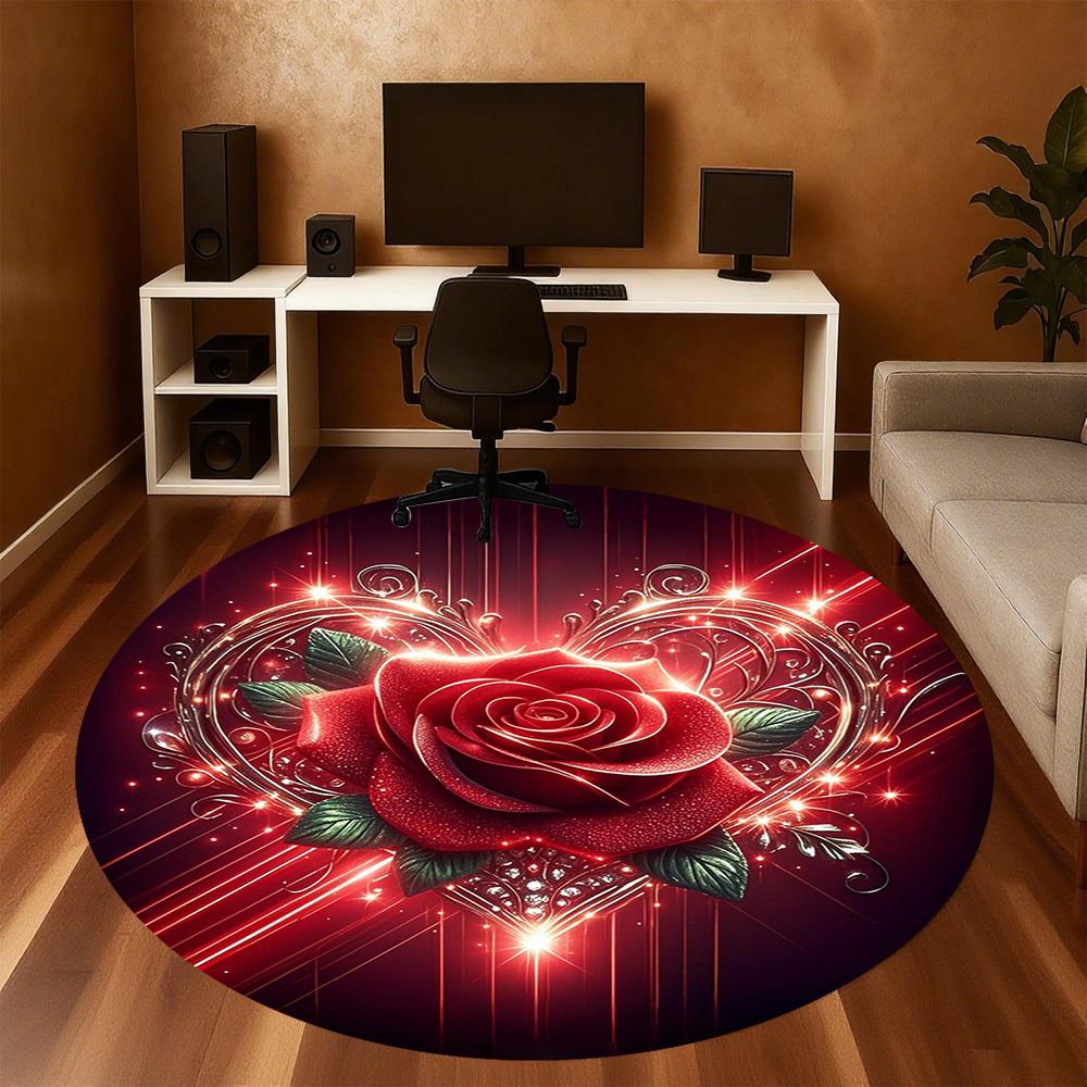 1PC Rose Heart Sparkle Round Chair Mat Area Rug - Non-Slip, Floor Mat for Office, Bedroom, Home Decor Christmas Gift C0528027