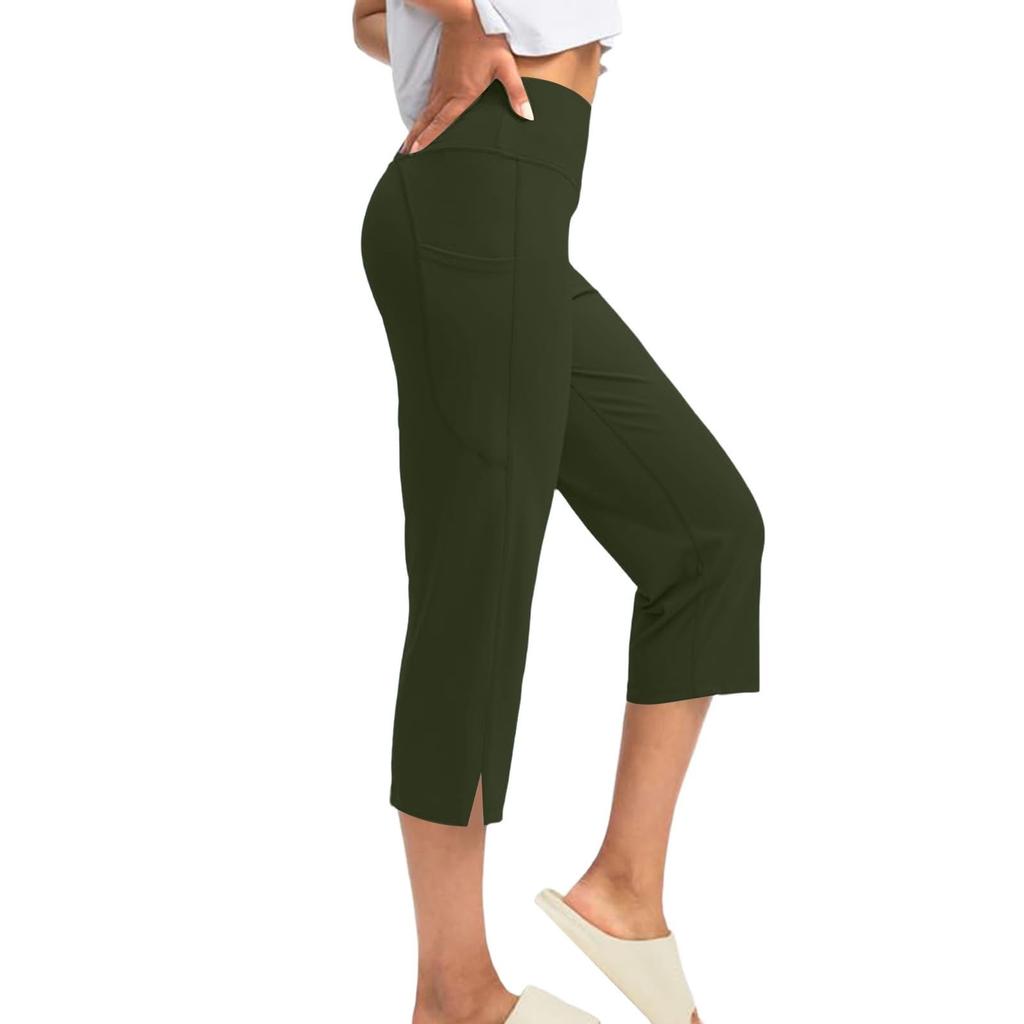 Kvinner Elastisk Høy Midje 3/4 Bukse Casual Aktiv Passform Vide Capri Leggings Bukser Bukser Med Lommer