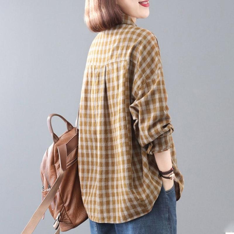 Shirt for Women Summer Oversize Cotton Loose Blouse Casual Long Sleeve Plaid Soft Loose Shirt Top