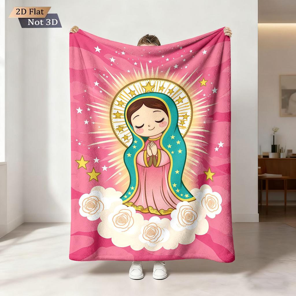 1pc Cute Cartoon Virgin Mary Printed Flannel Blanket In Multiple Sizes Soft And Comfortable Casual Blanket Machine Washable