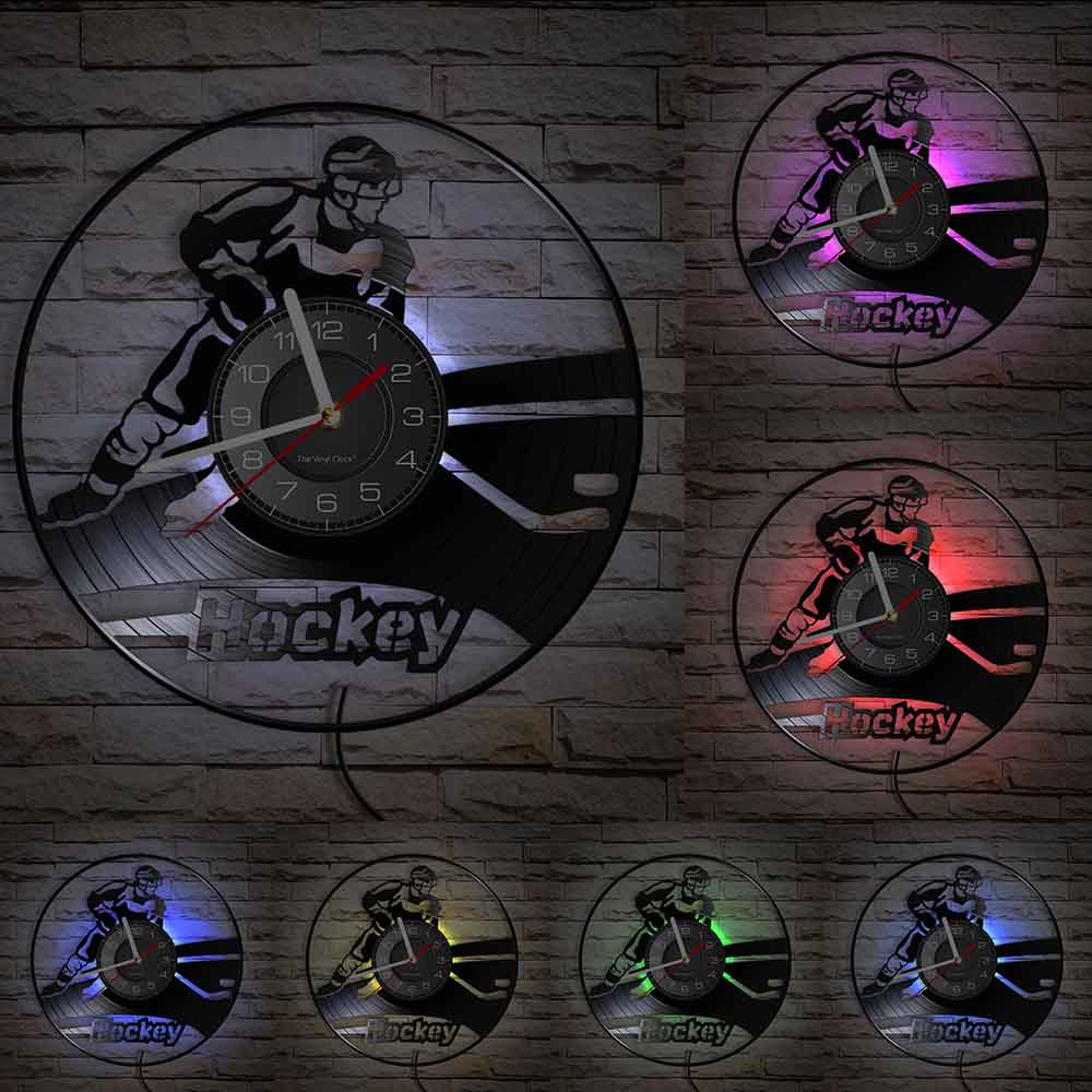 Hockey Wall Clock Hockey Player Silhouette Wall Art Home Decor Vinyl Record Wall Clock Vintage Hockey Fans Gift Handmade Artwork