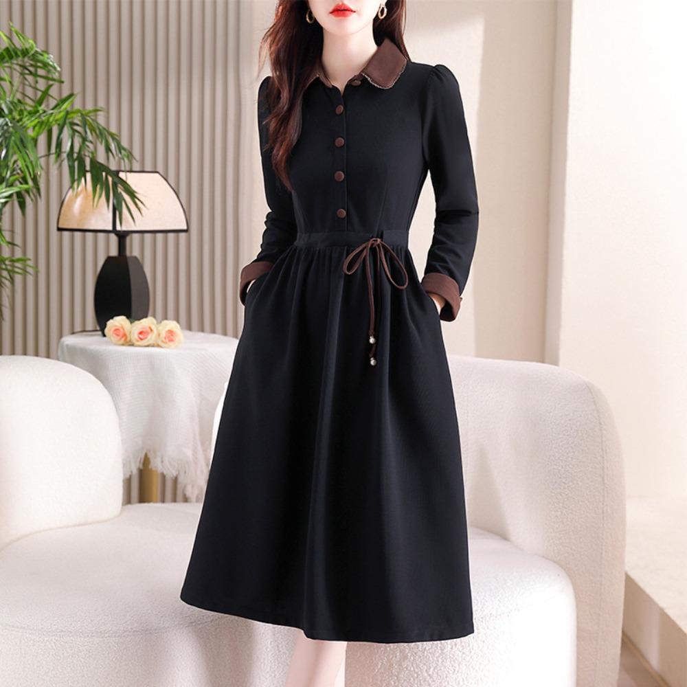 Women's Turn Down Collar Long Sleeve Midi Dress Loose Fit High Waist Elegant Shirt Dress