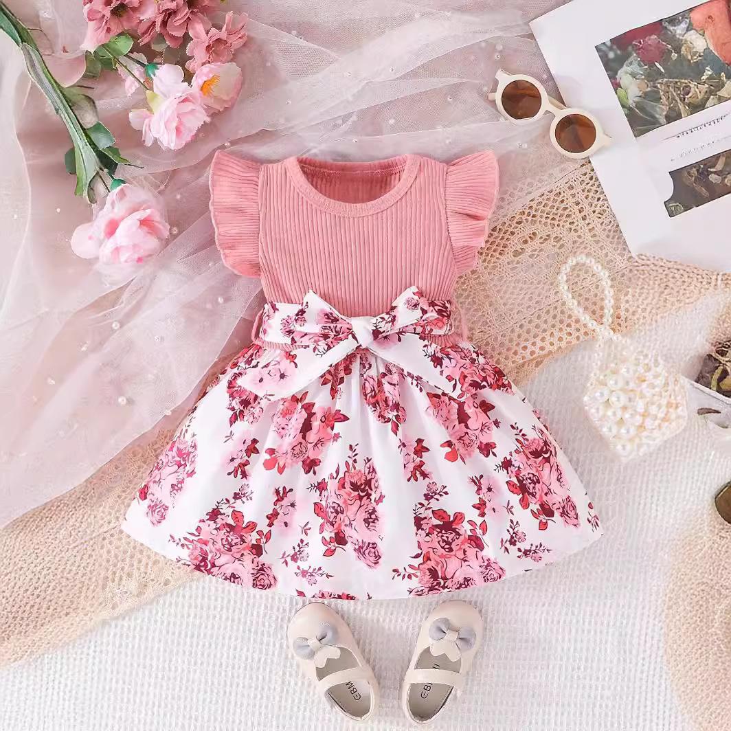 

2024 одежда для младенцев, платье для маленьких девочек, летние платья трапециевидной формы с круглым вырезом и цветочным принтом для дня рождения, праздничная одежда 18-24M розовый