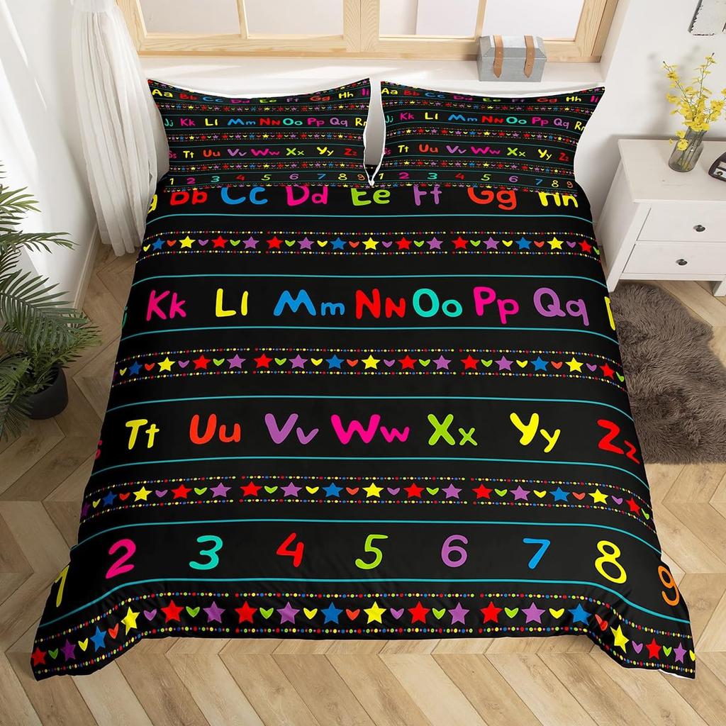 Outer Space Planet Galaxy Duvet Cover Twin King Kids Cartoon Bedding Set ABC Alphabet Learning Comforter Cover with 2 Pillowcase