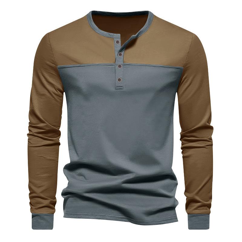Men's Autumn New American Retro Long-sleeved Colour Blocking Henry Collar Bottoming Shirt Men's T-shirt