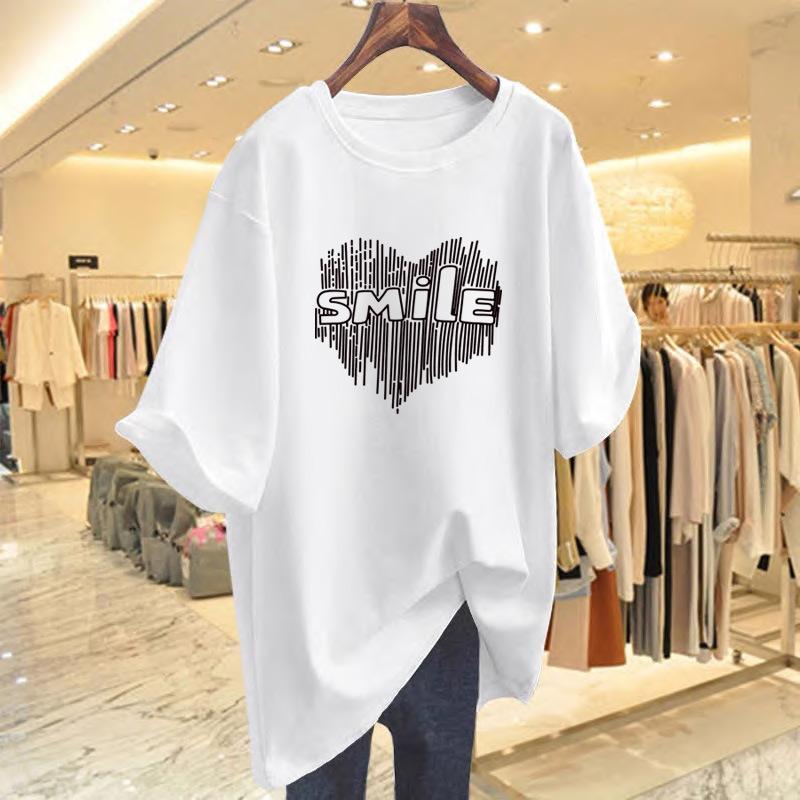 

Summer loose cotton short-sleeved t-shirt women s 2025 new European goods large version medium and long letter love top ins S