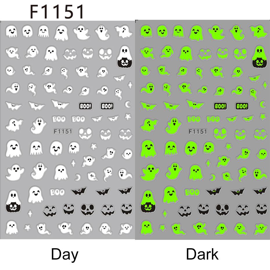 2pcs Luminous Halloween Spooky Nail Stickers White Ghost Pumpkin Design Decals Glow In The Dark Manicure Nail Art Decorations