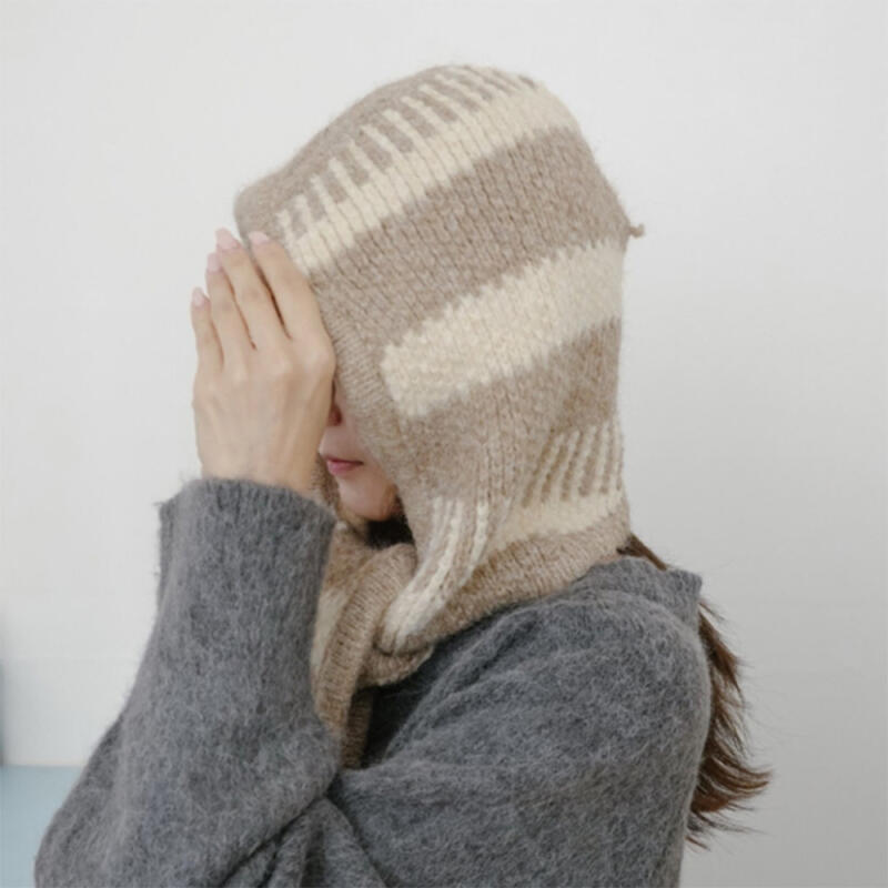Women s Striped Two-Color Boucle Knit Muffler Hat white
