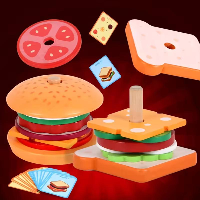Children Pretend Play Kitchen Wooden Toys Playsets Hamburger Sandwich Simulation Food Matching Games Montessori Learning Educational Stacking Toy