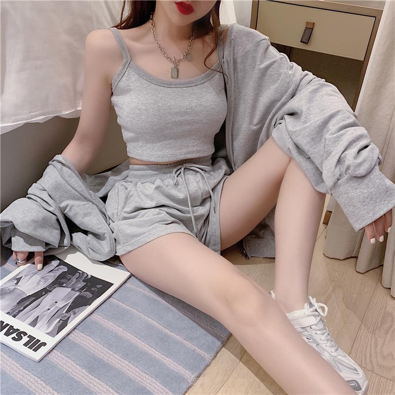 Danmo Summer Fashion Women Tracksuit Clothes 3 Piece Set Woman Sports Suits Zipper Jacket+Short Camisole+High Waist Drawstring Shorts Outfit