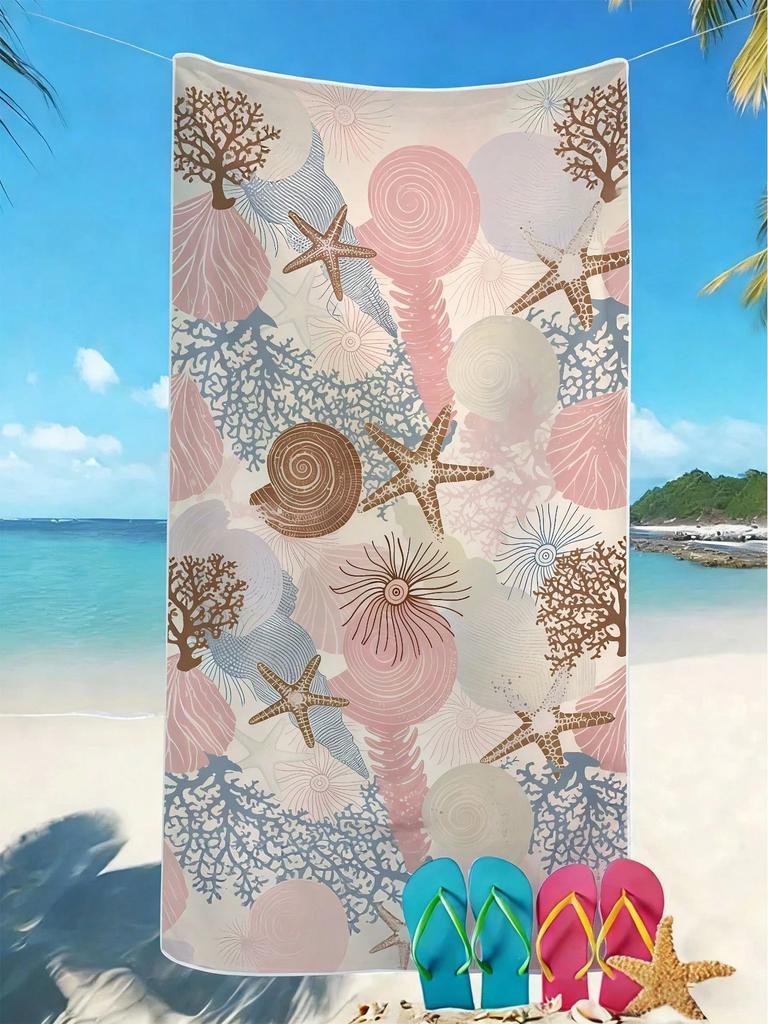 1Pc Quick-Dry Beach Towel, Colorful Shell Starfish Coral Print, Large Multifunctional Mat For Yoga, Travel, Camping, Swimming