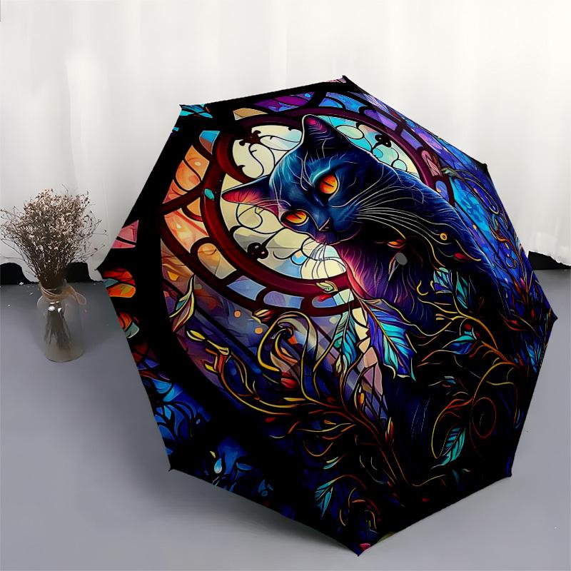 1pc Stained Glass Cat Design Automatic Folding Umbrella - Portable 3-Fold Design with Iron Frame, Outdoor, Ideal Gift for Fans, Travelers, Daily Use.K
