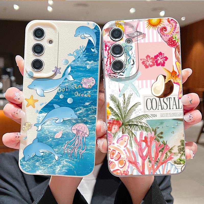 Starry Sea Dolphin Adventure Case For Samsung S26 S25 S24 Ultra S23 S22 S21 FE A15 A16 A17 A35 A36 A37 A54 A55 A56 A57 5G Leather Texture Cover