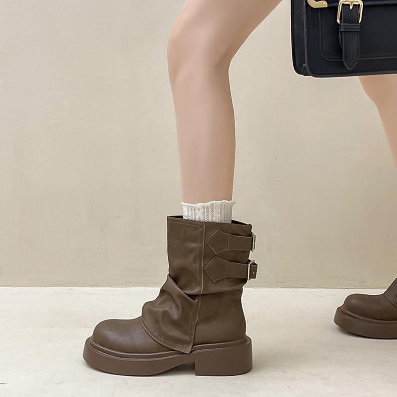 Retro thick-soled Martin boots women's autumn and winter French design casual versatile leather boots heightened and thin trouser tube boots fashio