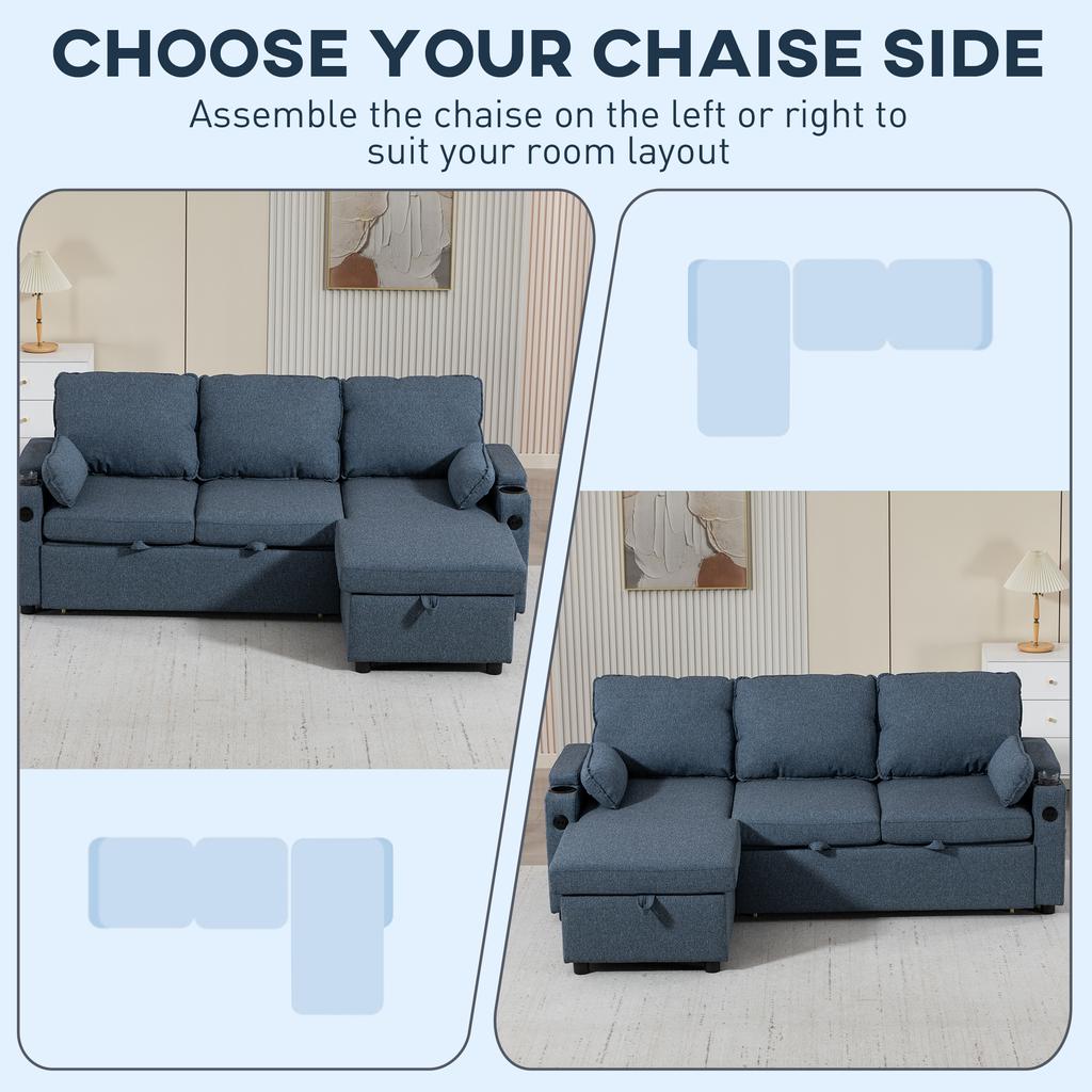 Corner Sofa Bed, L Shaped Sleeper Sectional Sofa with Reversible Storage Chaise, Blue