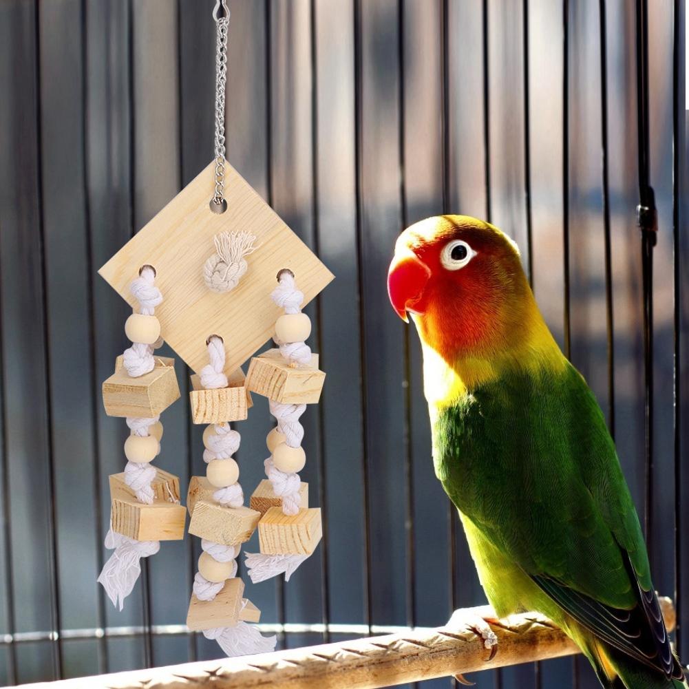 Natural Wooden Bird Hanging Swing Parrot Biting Chewing Playing Block Cage Toy Accessory