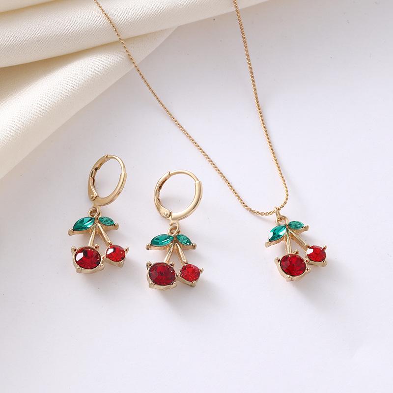 Sweet Cherry Necklace And Earring Set For Women Cute Fruit Jewelry Summer Accessories