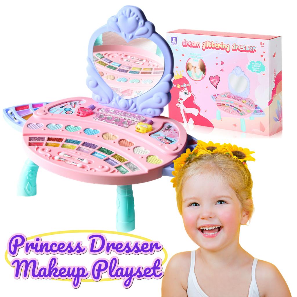 Princess Vanity Makeup Playset!Safe Washable Cosmetic Kit (Nail Polish, Blush, Lip Gloss). Multi-Func Dresser Toy. Perfect Gift