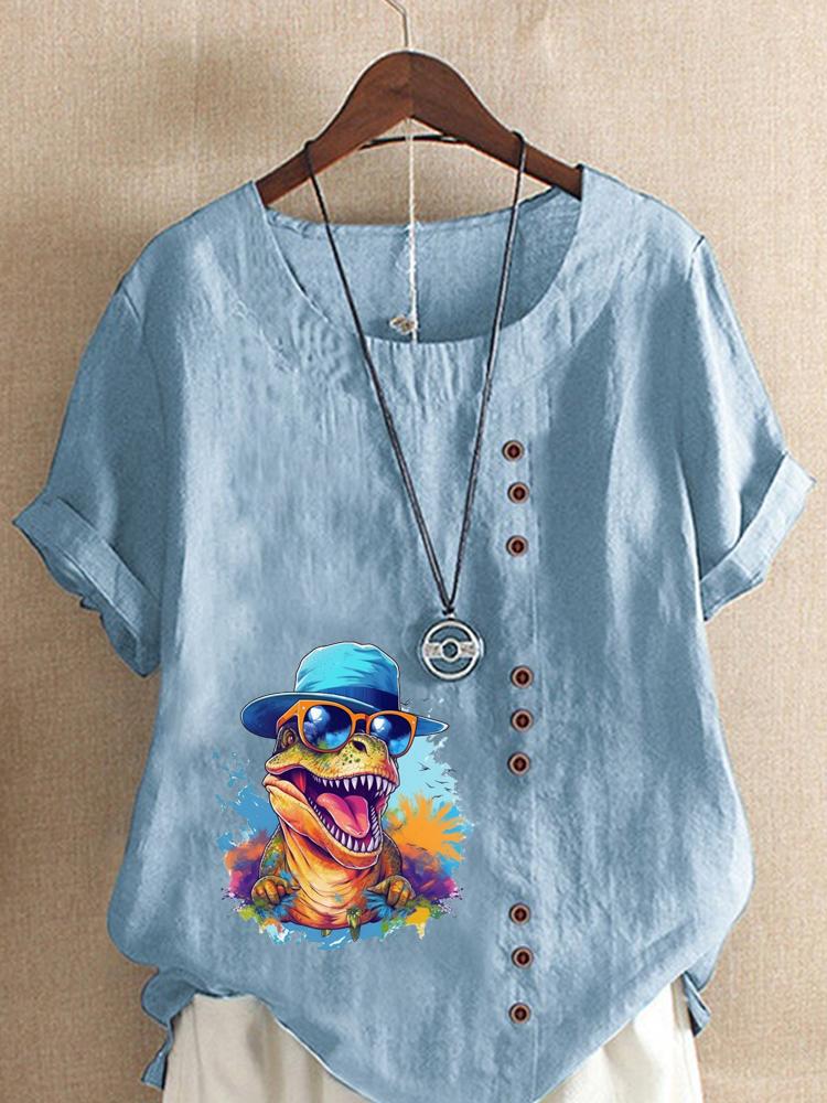 Women's Fashion Colorful Dinosaur Print Round Neck Short Sleeve T-shirt Summer Casual Cotton Linen Graphic Shirt Leisure Loose Blouse Tops