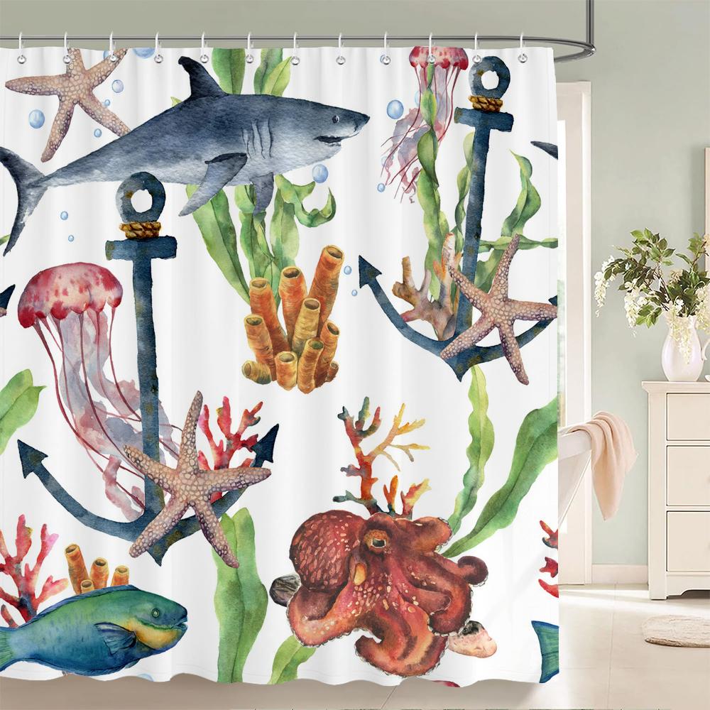 1 Pack Cartoon Turtle,Dolphin,Whale Printing Shower Curtain Partition Bathroom Curtain With Hooks Home Decorative Curtain