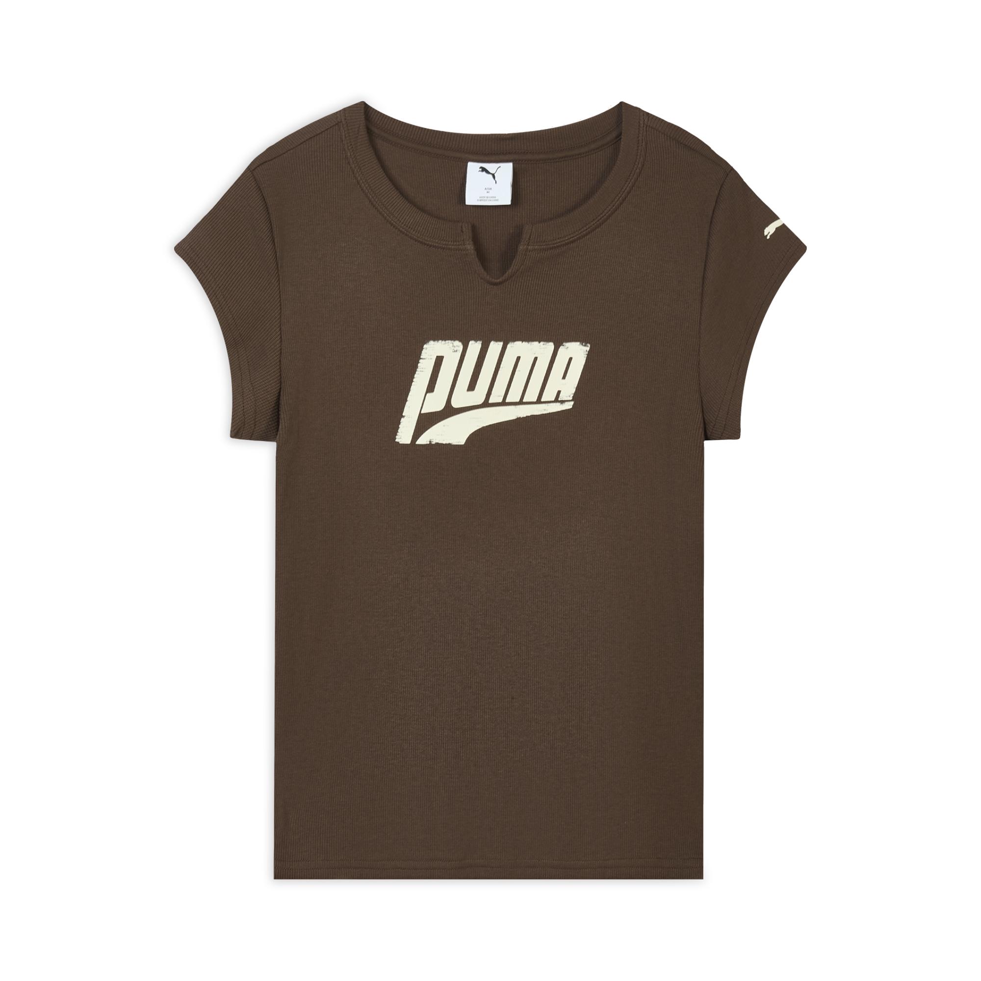 

Женская спортивная футболка Puma с графическим принтом и рубчатой текстурой, облегающего кроя, с коротким рукавом, цвет Кофейно-коричневый 638607-90 S