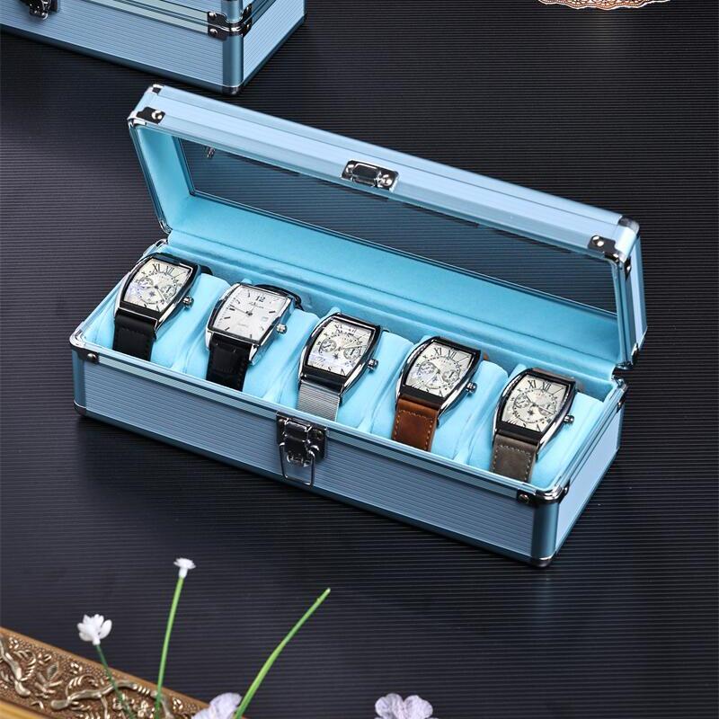 Aluminum Alloy Watch Box with Transparent Lid, 5 Slots, Multiple Colors