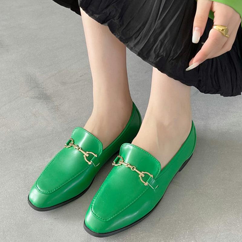 Fashion Comemore 2025 Spring Women Slip On Loafer Spring Fashion Ladies British Metal Flat Shoes Pumps Female Green Casual Leather Flats