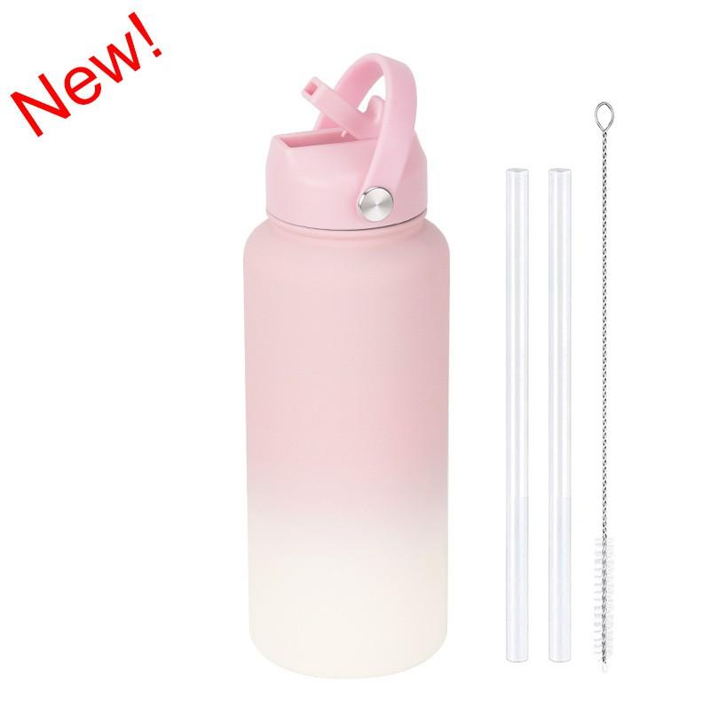 1L Stainless Steel Vacuum Insulated Water Bottle With Handle Straw Lid Outdoor Sports Travel