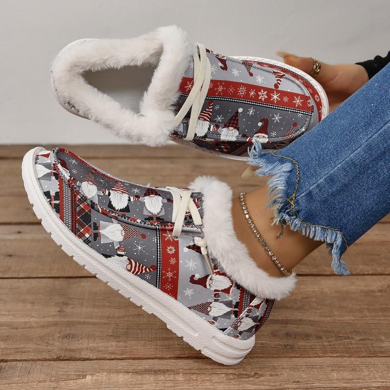 Women's Autumn-Winter Thick-Soled Warm-Lined Patterned Cotton Shoes, Comfortable Casual Footwear, Available In Large Sizes.