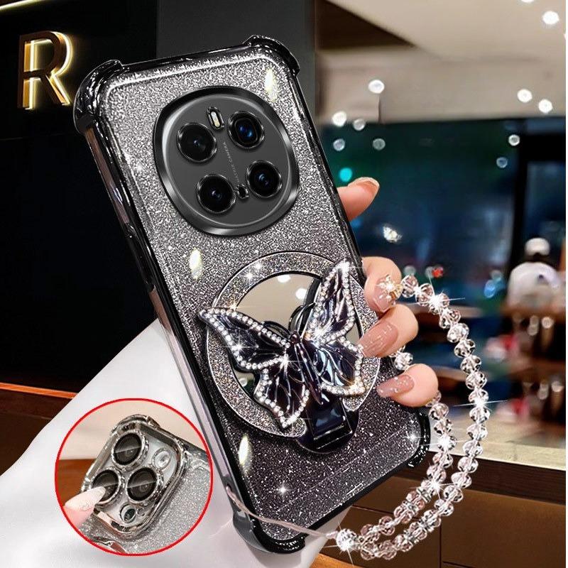 Glitter Butterfly Mirror Crystal Bracelet Case For Huawei Honor Magic 7 6 5 4 3 Pro Shockproof Plating Silicone Cover